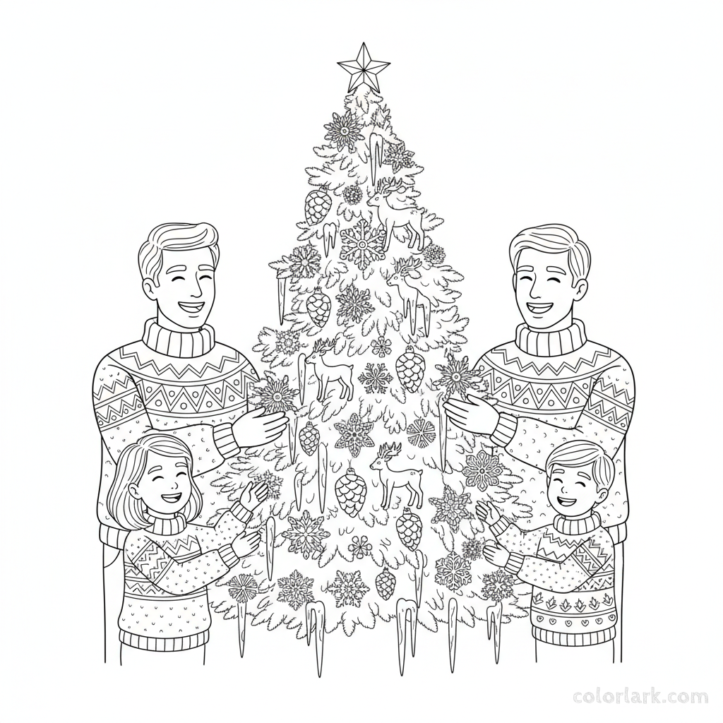 Line art of parents and kids decorating a 'Winter Wonderland' Christmas tree with snowflake and icicle ornaments.