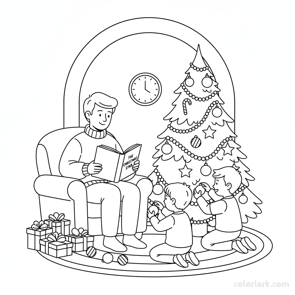 Line art of parents reading a Christmas story while kids decorate the lower half of the Christmas tree.