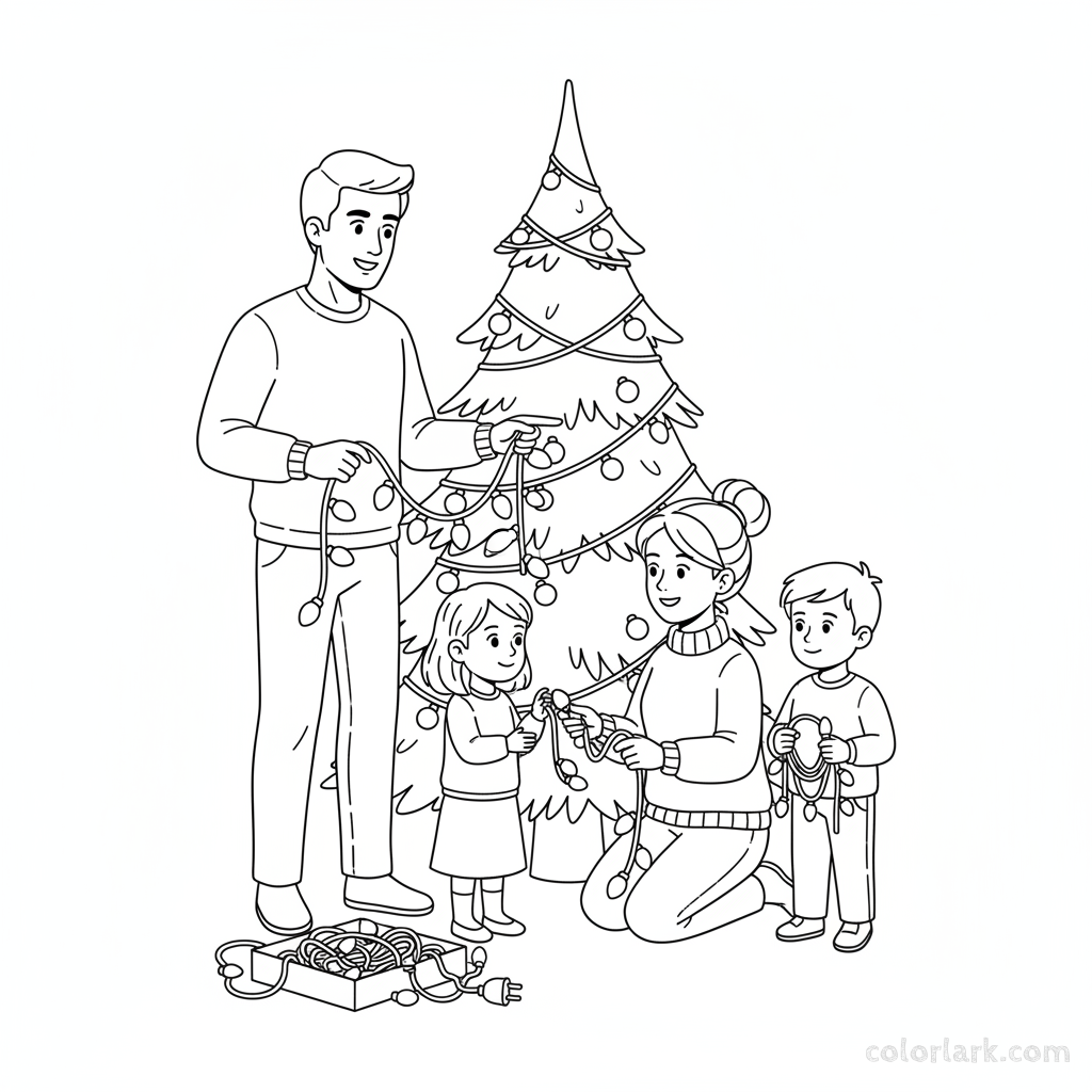 Line art of parents teaching kids how to string Christmas lights on the tree.