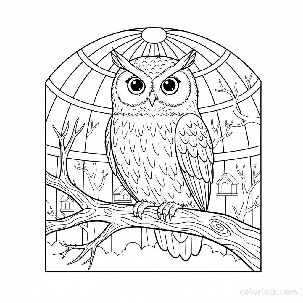 Black and white outline of a patient owl with large eyes perched calmly on a sturdy branch inside a zoo aviary.