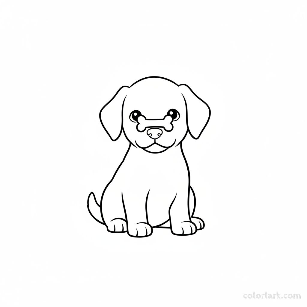 Black and white line art of a patient puppy sitting, balancing a small bone-shaped treat on its nose, easy.