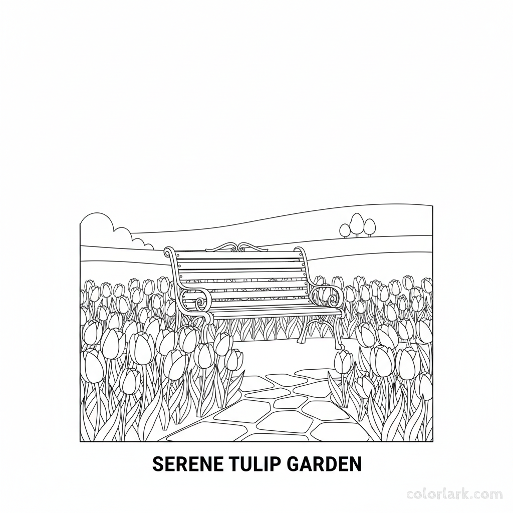 Line art illustration of an empty garden bench overlooking a bed of blooming tulips