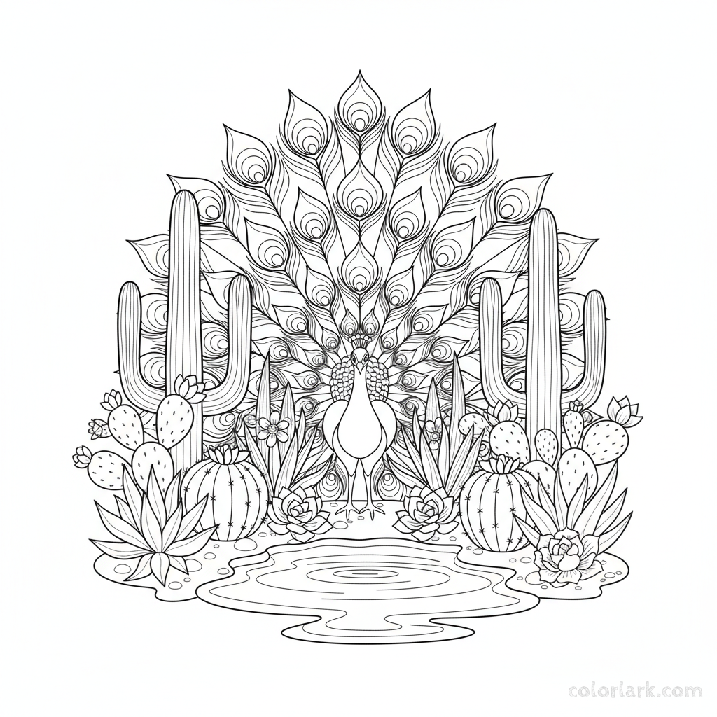 Free printable peacock and desert succulents coloring page from Colorlark.