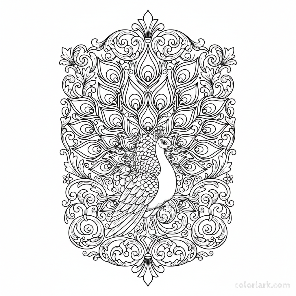 Detailed peacock coloring page with ornate scrolls and filigree.