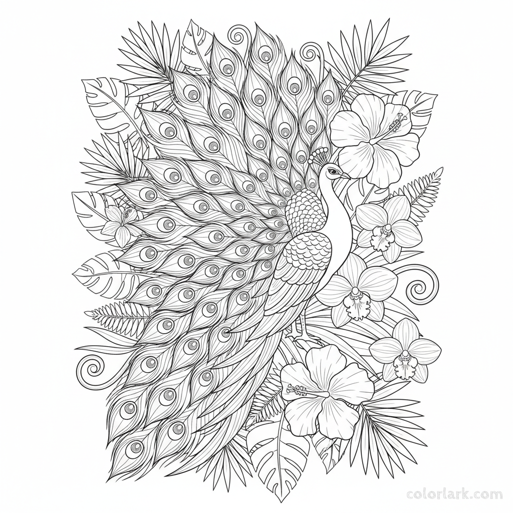 Realistic peacock coloring page surrounded by tropical flowers