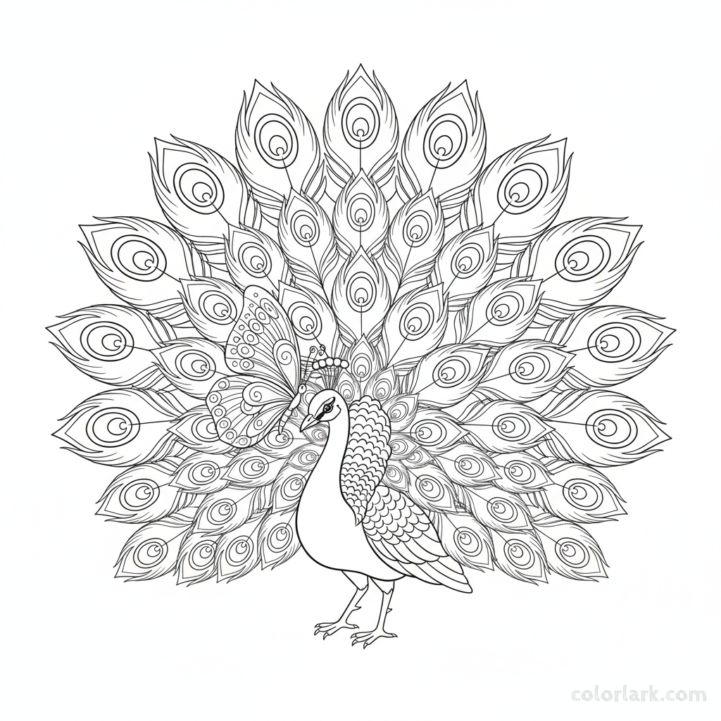 Intricate peacock and butterfly duo wildlife coloring page - free printable