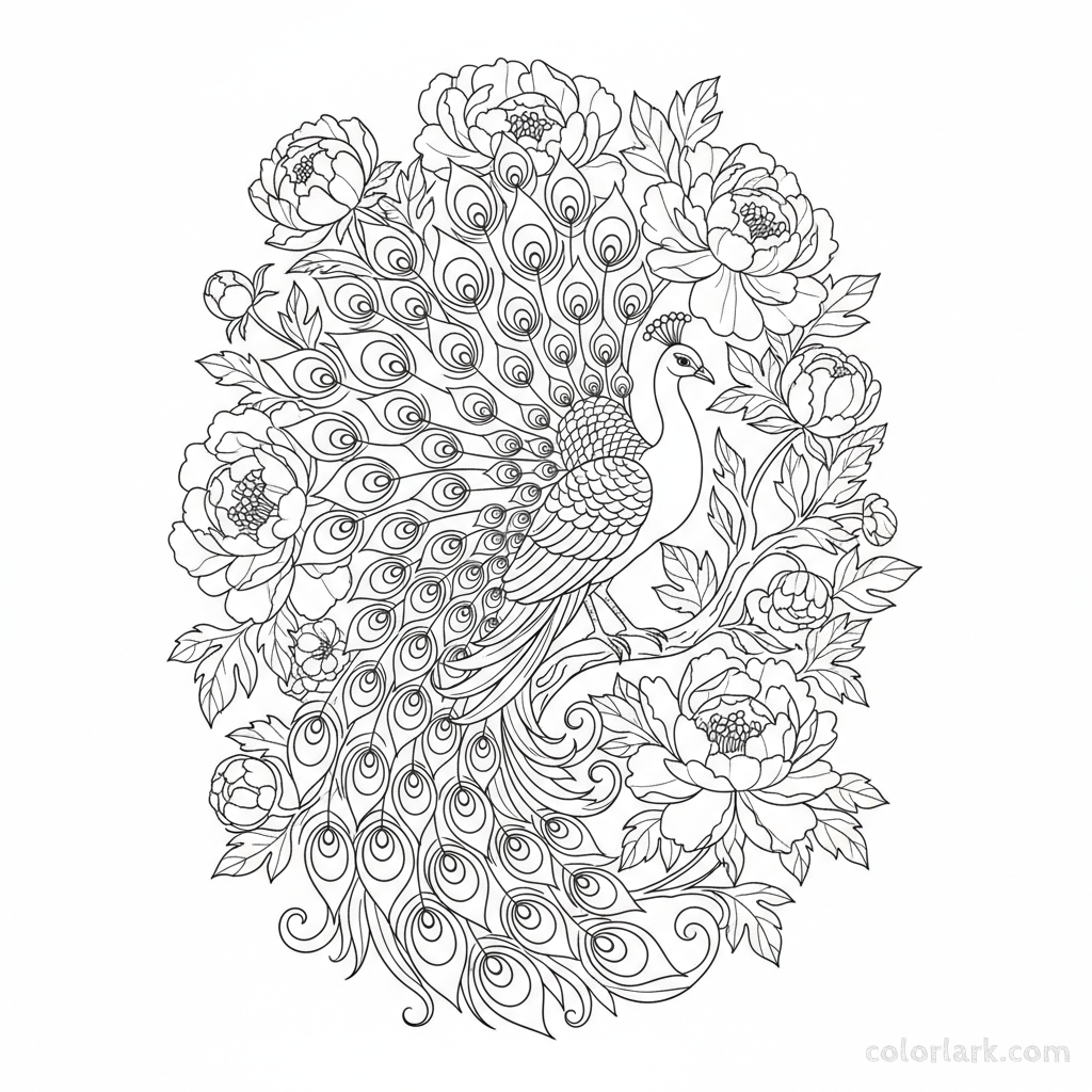 Peacock and peonies elegant floral bird coloring page for adults and kids.