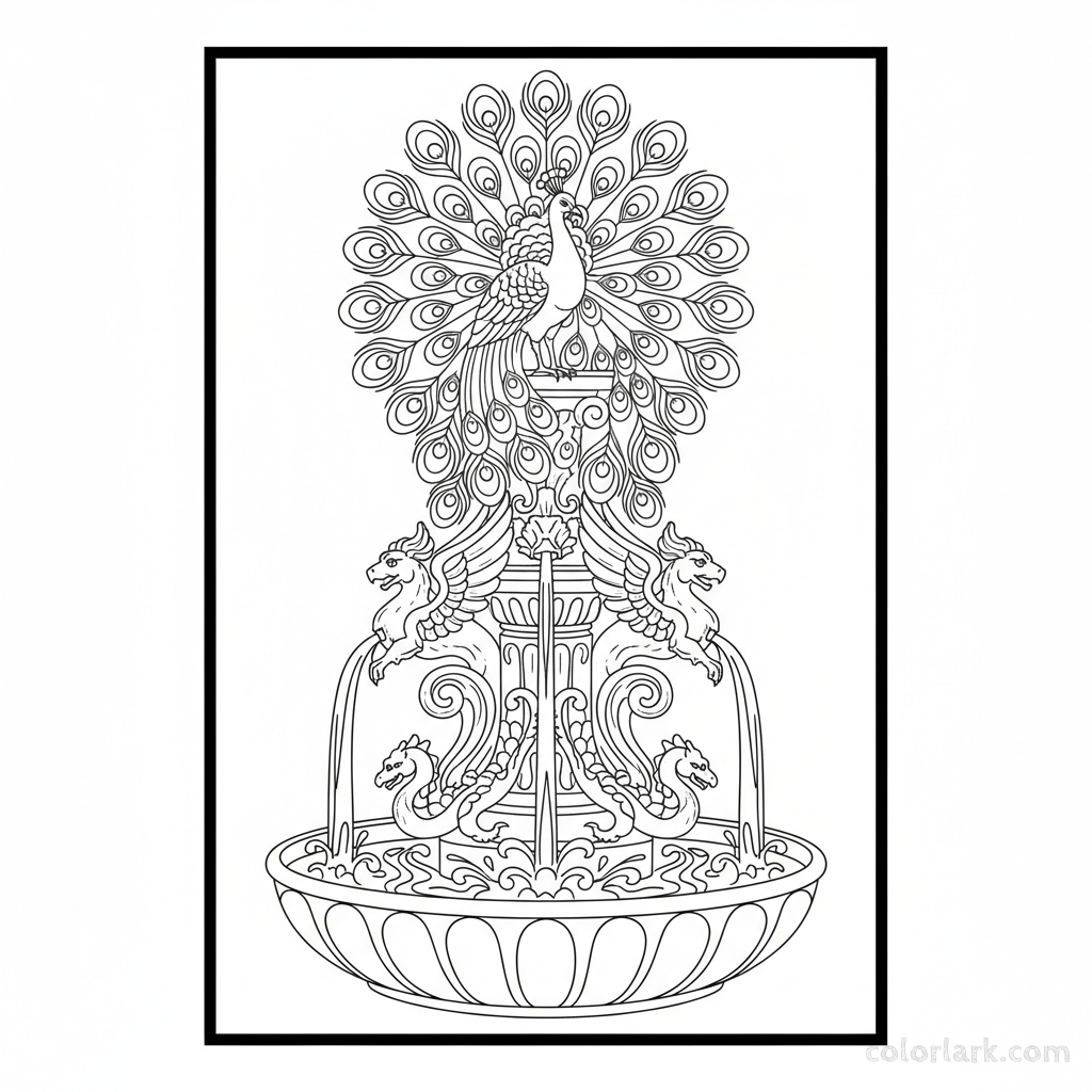 Detailed peacock atop ancient fountain coloring page - architectural design