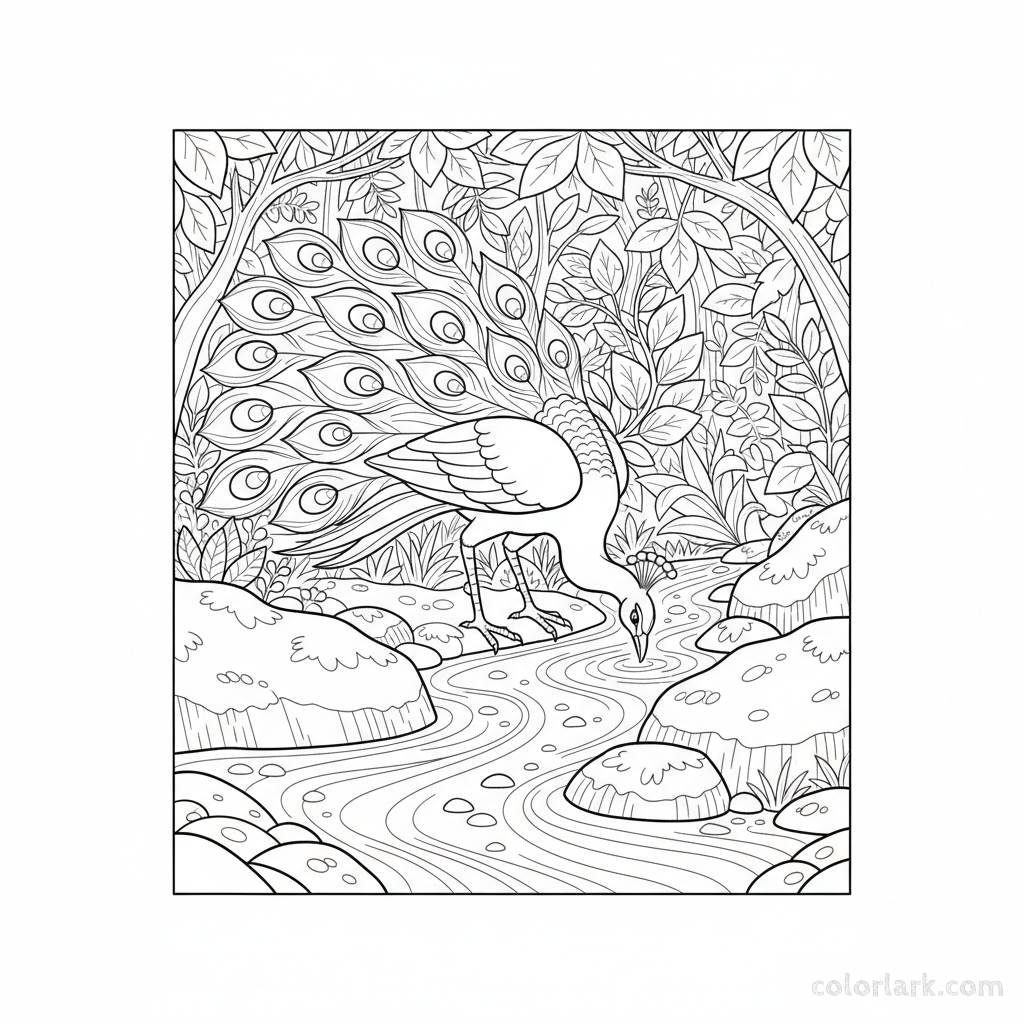 Peacock drinking from forest stream nature coloring page