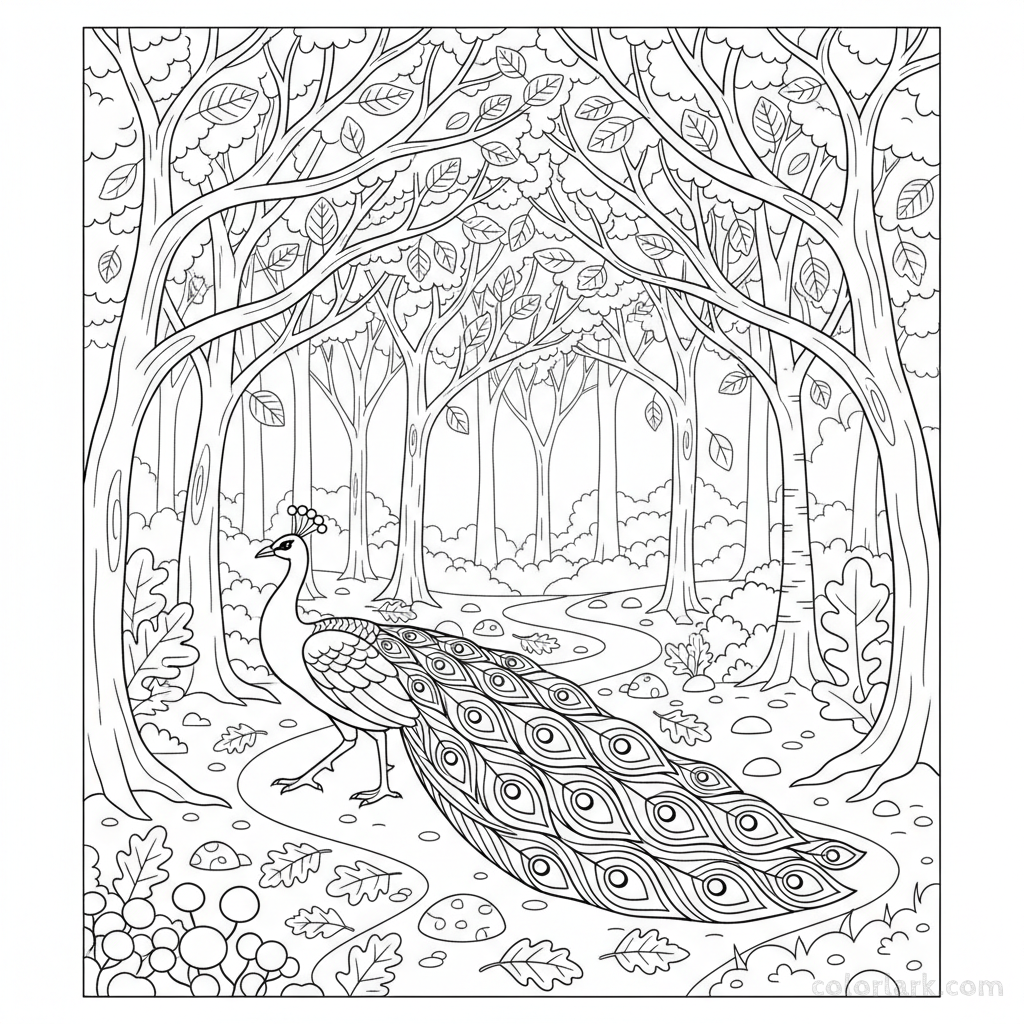 Detailed peacock coloring page on an autumn forest path