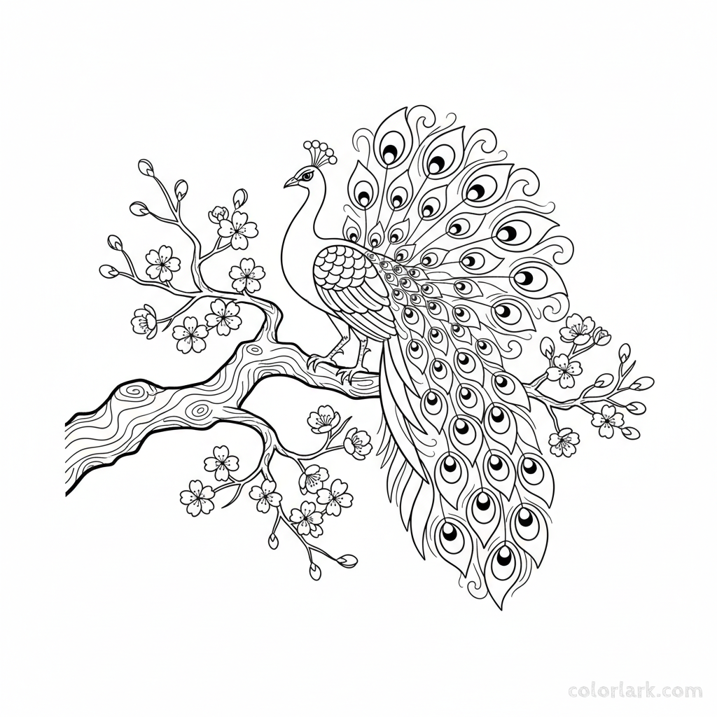 Peacock in Japanese cherry blossom tree coloring page