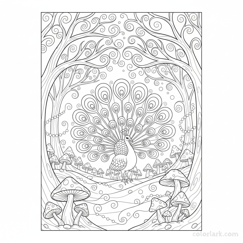 Detailed peacock in an enchanted forest coloring page.