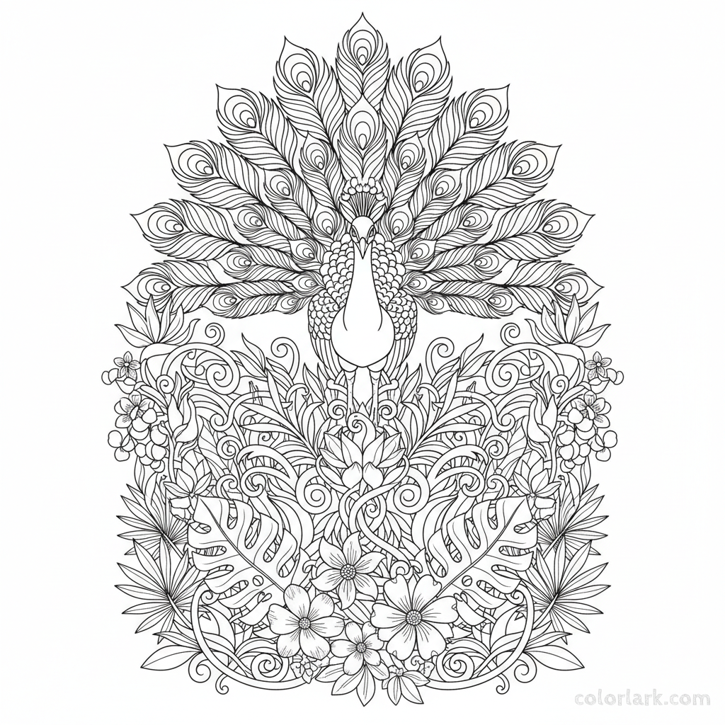 Advanced peacock coloring page with intricate jungle background