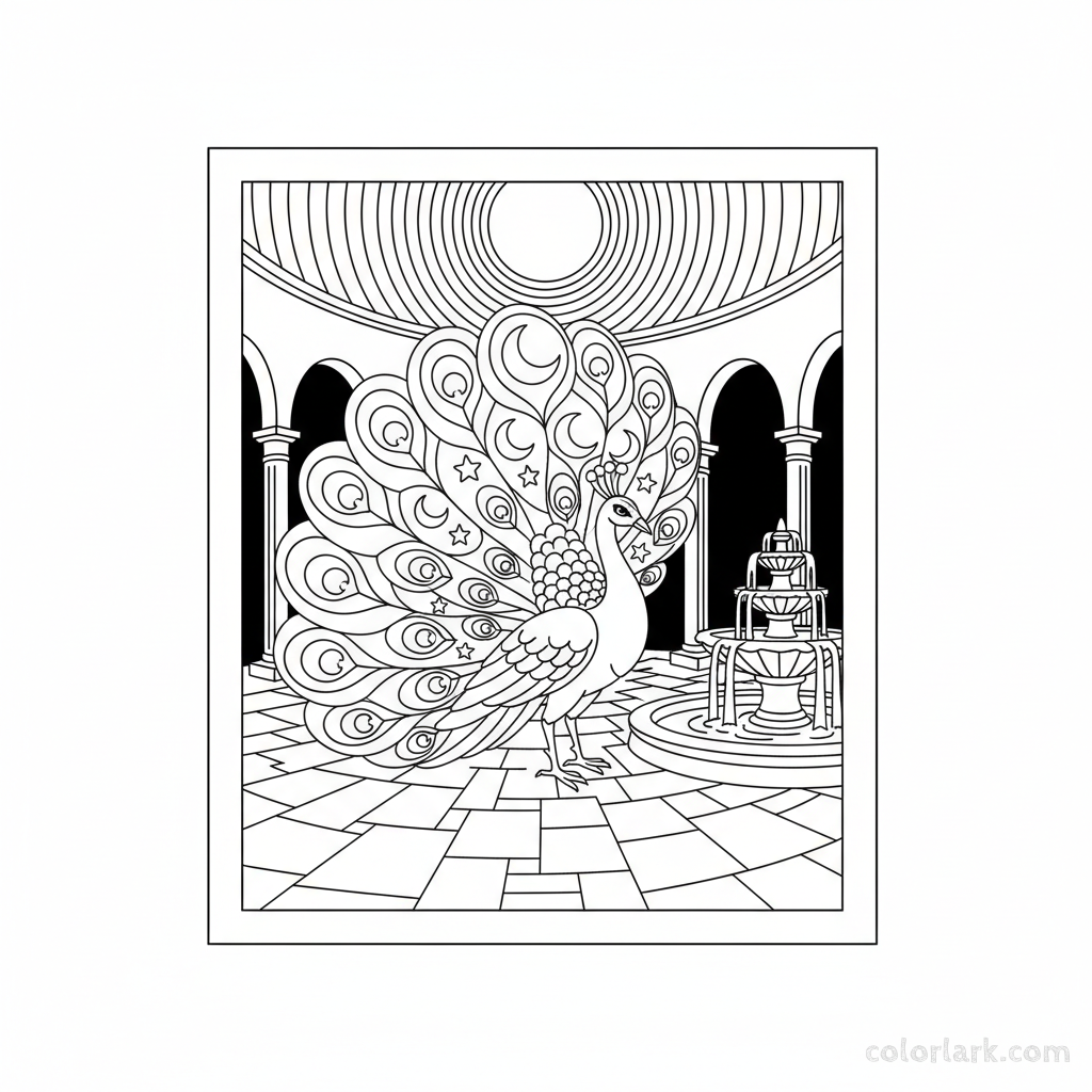 Mystical peacock in moonlit courtyard detailed coloring page