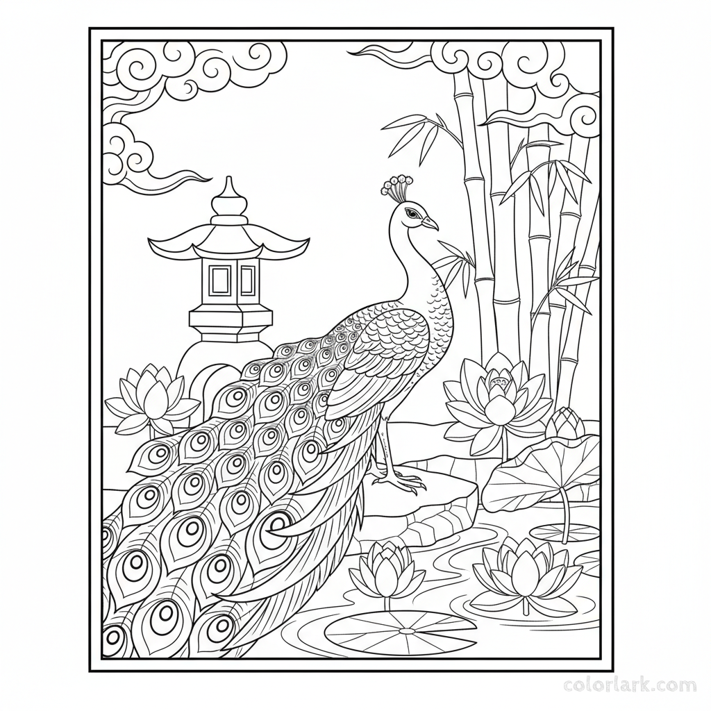 Peacock in Oriental Garden Zen adult coloring page - free printable
