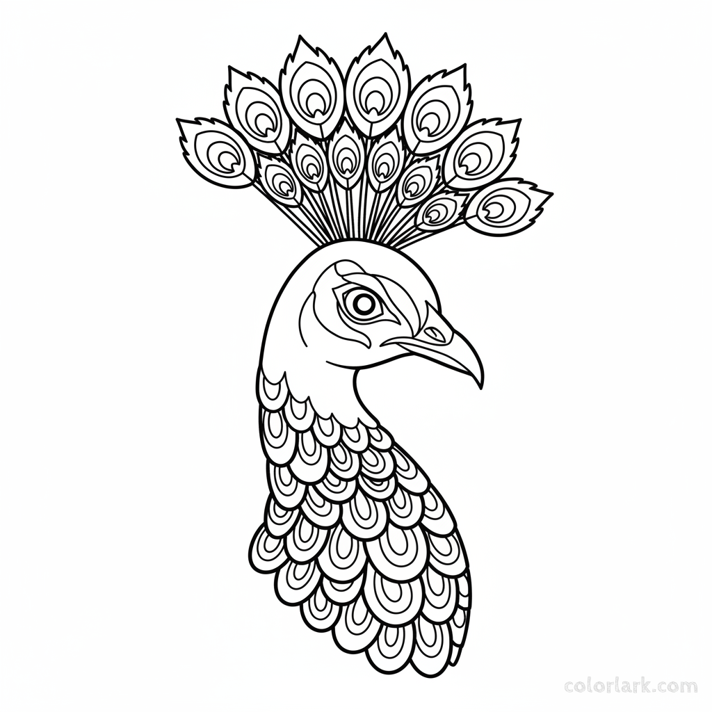 Detailed close-up coloring page of a peacock's regal crest and neck feathers.