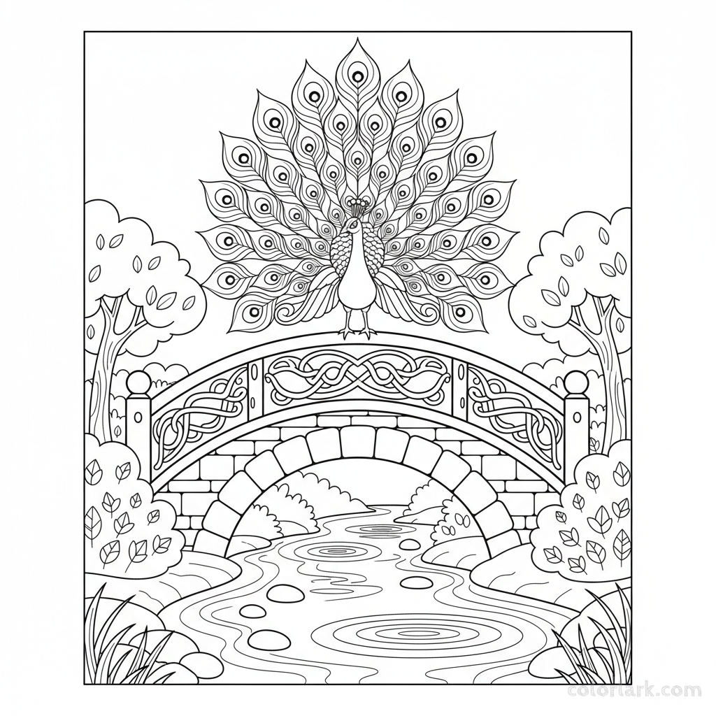Detailed coloring page of a peacock on a bridge over a stream.
