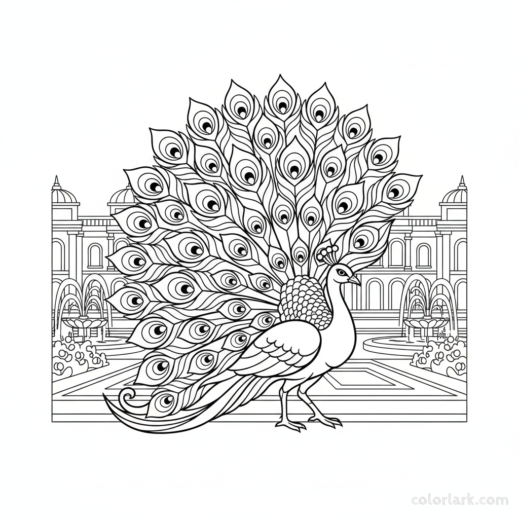 Detailed peacock coloring page in a palace garden setting.