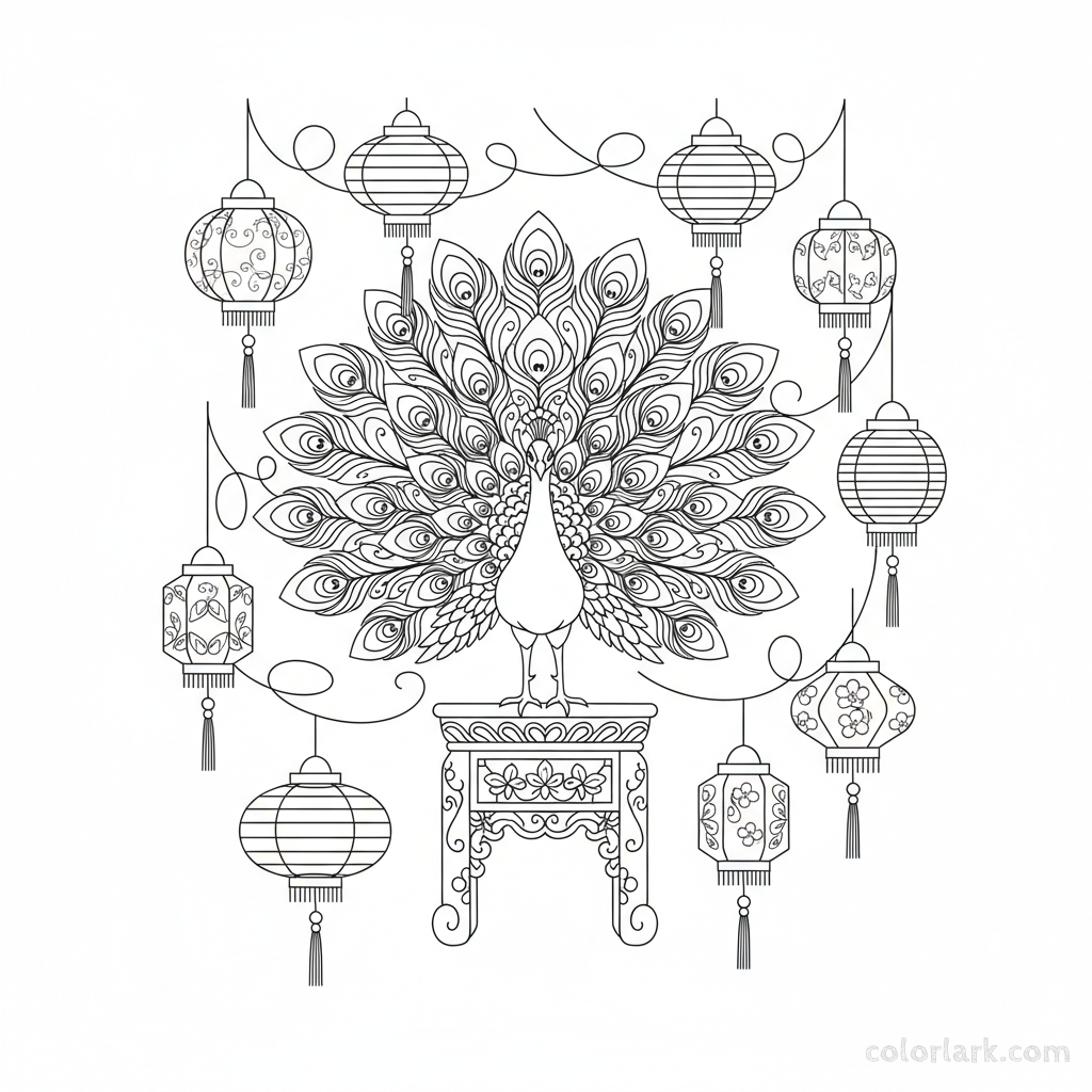 Peacock on perch with hanging lanterns oriental coloring page