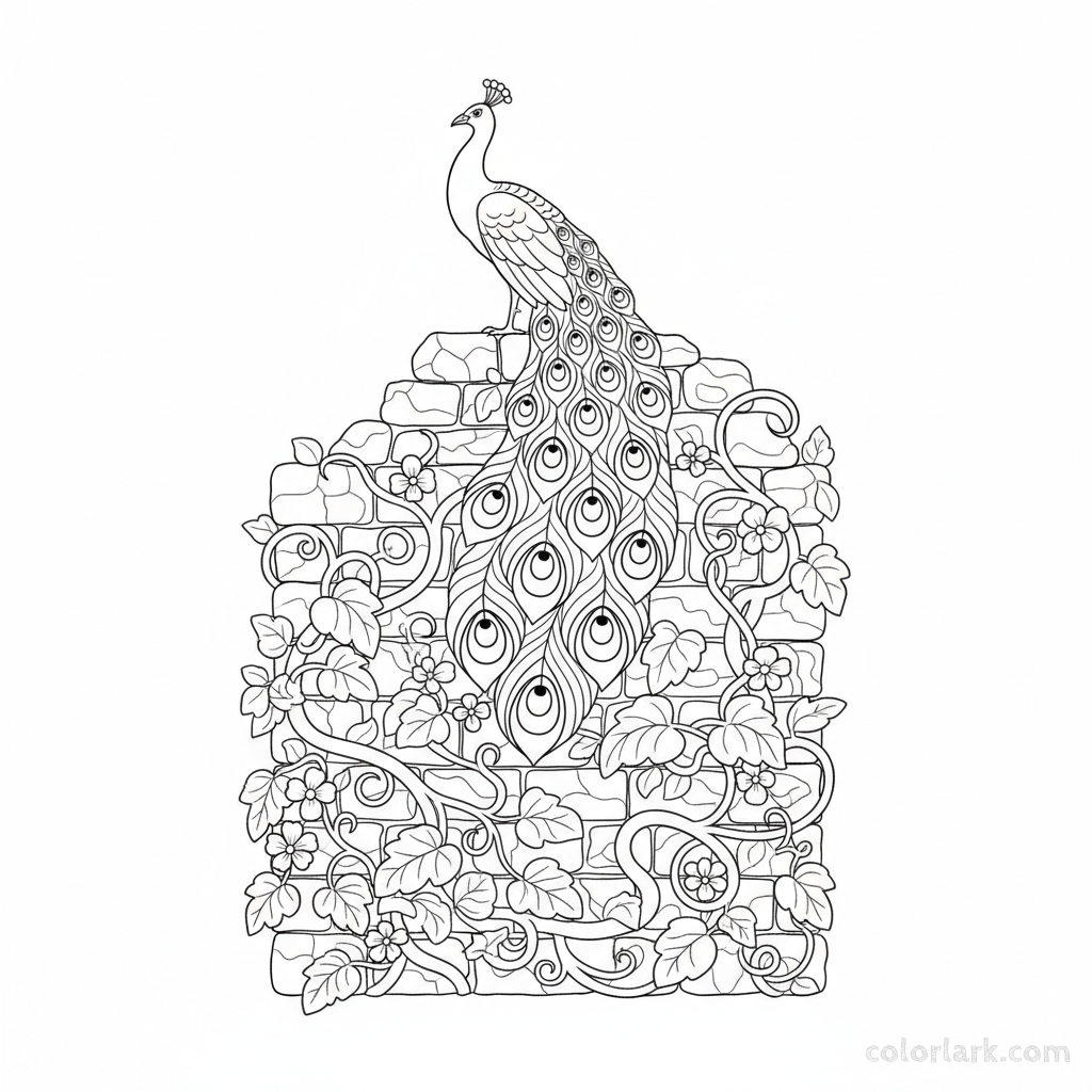 Free printable peacock on rustic stone wall with vines coloring page for adults and kids.