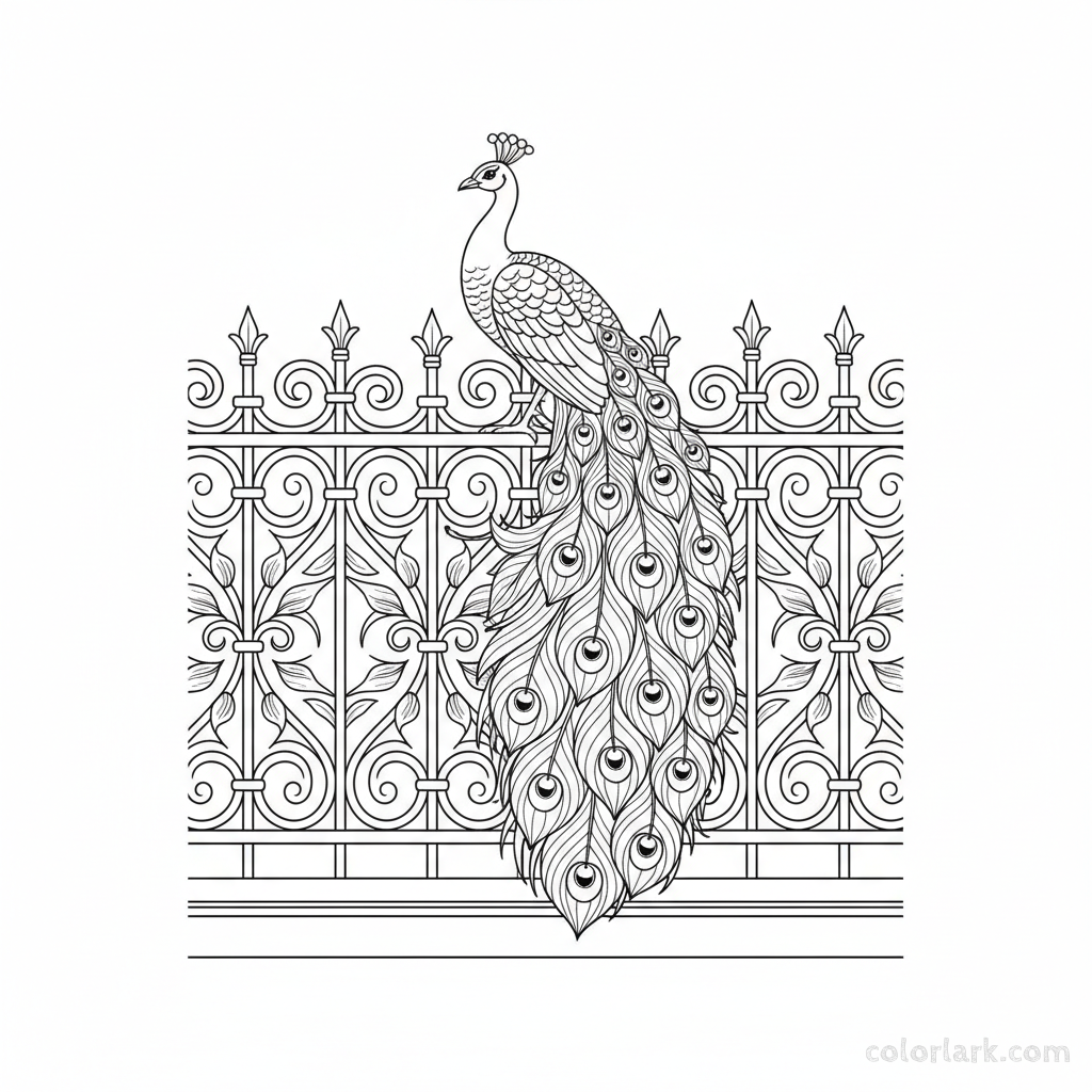 Free printable peacock coloring page on wrought iron fence.