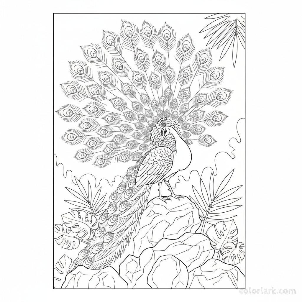 Black and white line art of an Indian peacock preening its beautiful tail feathers while perched on a rock.
