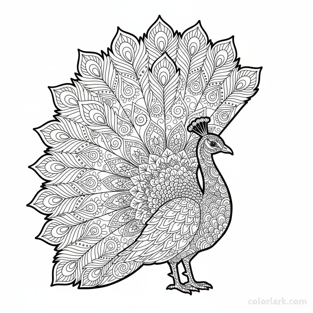 Peacock silhouette coloring page with intricate feather designs.