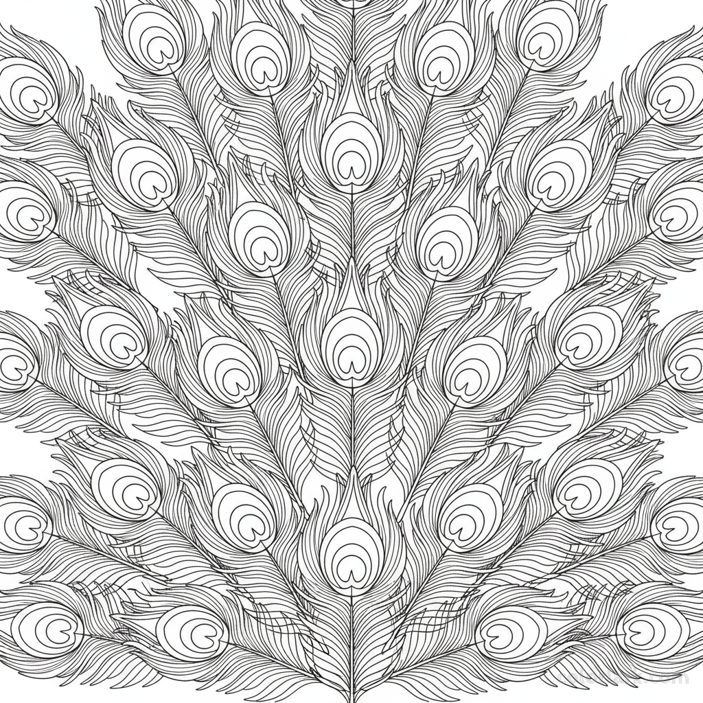 Intricate peacock tail feathers coloring page with detailed patterns.