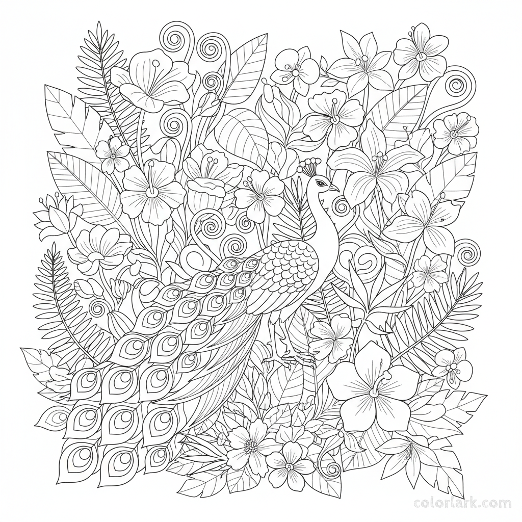 Peacock walking in a botanical garden, artistic free printable coloring page for adults.