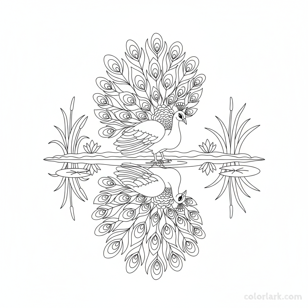 Detailed peacock watching reflection in pond coloring page