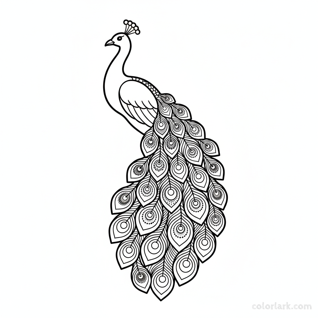Peacock coloring page with abstract dotwork feather patterns