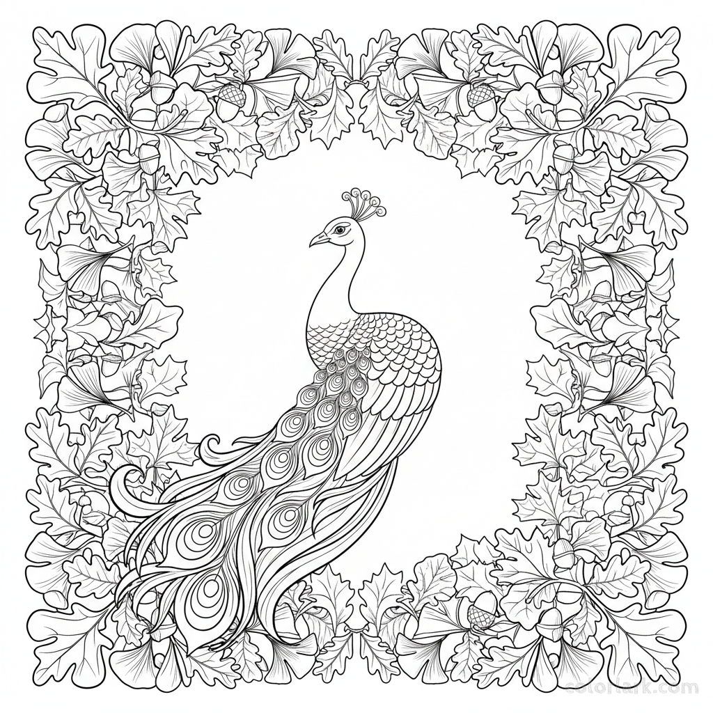 Free printable Peacock with autumn leaves border coloring page for kids and adults.