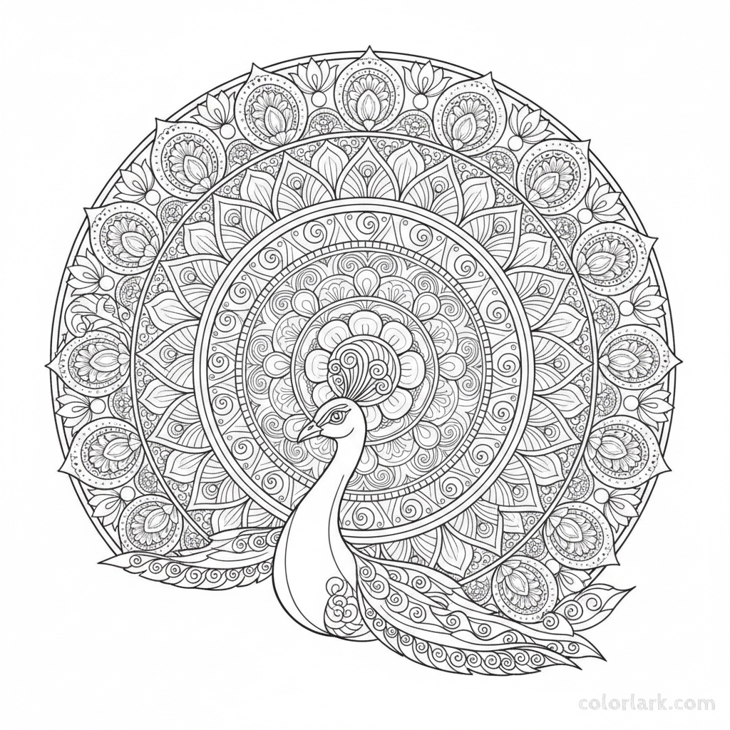 Peacock with elaborate mandala-style tail feathers free printable coloring page.