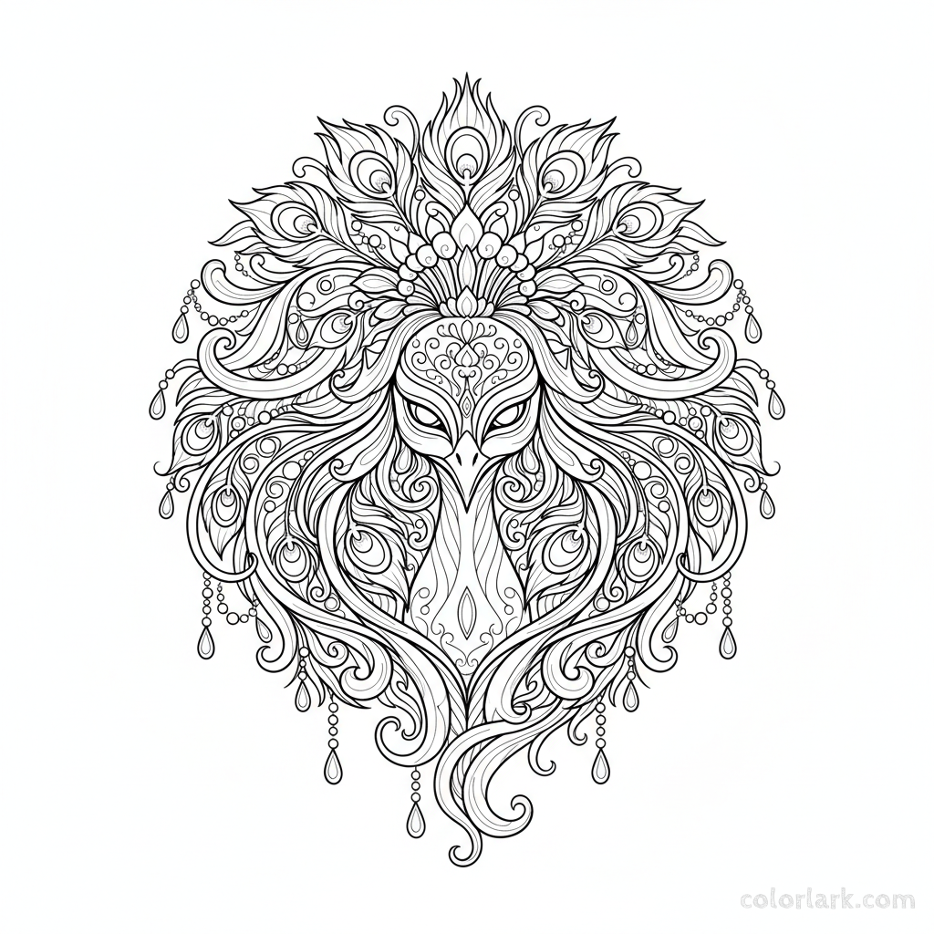 Free printable peacock coloring page with feathered hair and jewels.