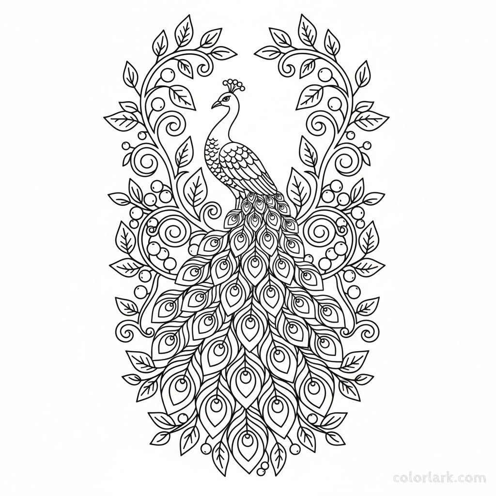 Detailed peacock with flowing vines and berries coloring page