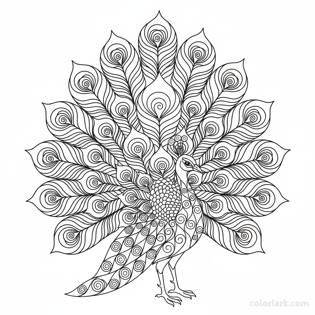 Peacock with geometric feather spirals coloring page for adults