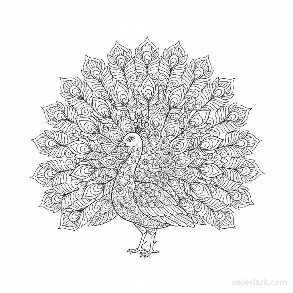 Free printable peacock coloring page with intricate mehndi henna designs.