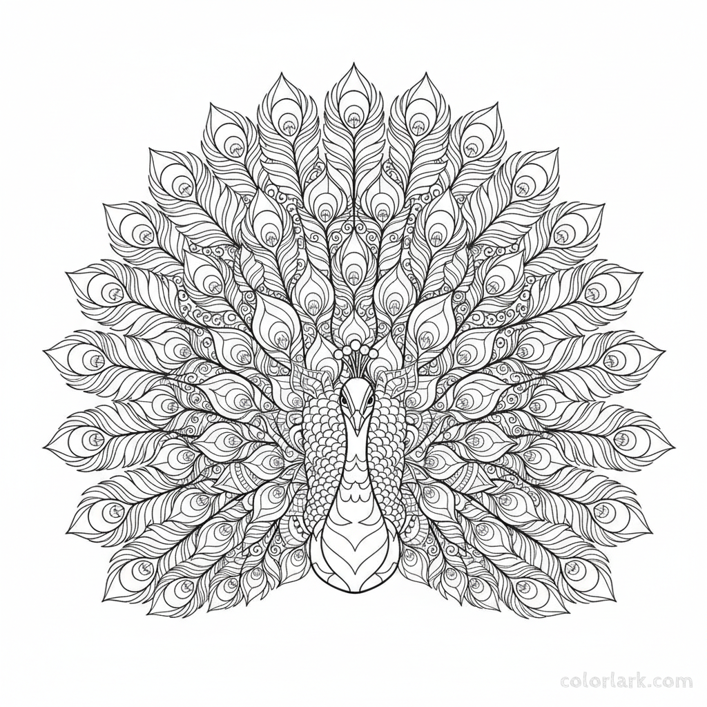 Peacock with intricate mosaic feather designs free printable coloring page