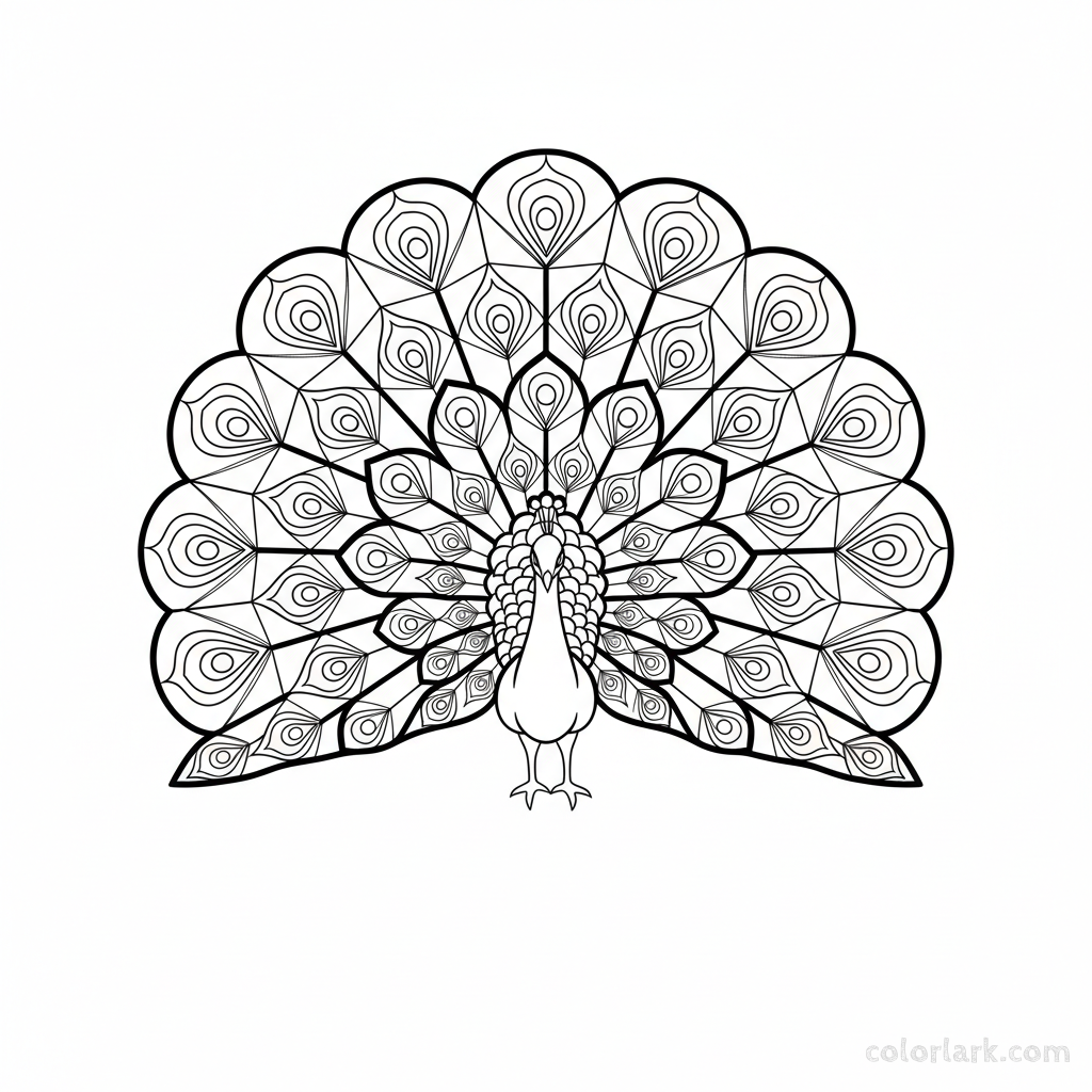 Peacock coloring page with stained glass feather panels.