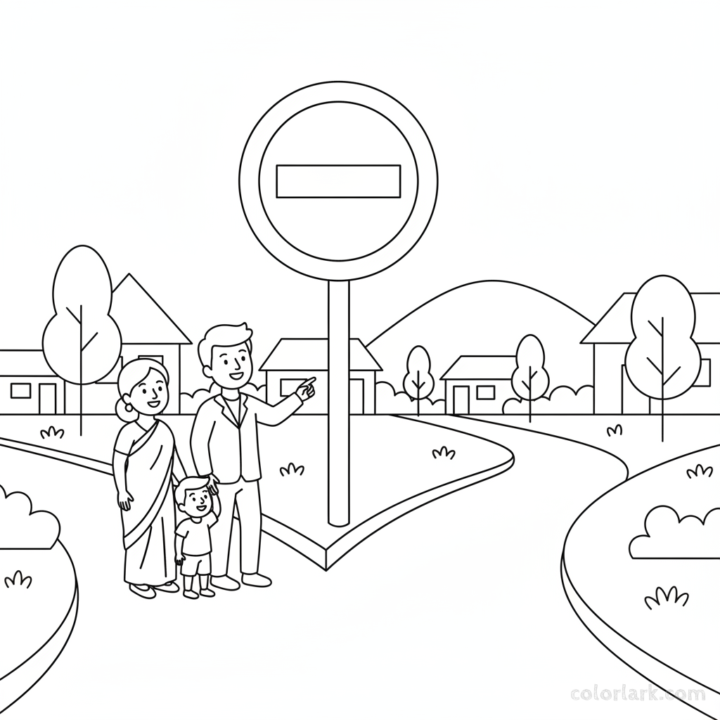 Coloring page showing pedestrians following an Indian No Entry sign.