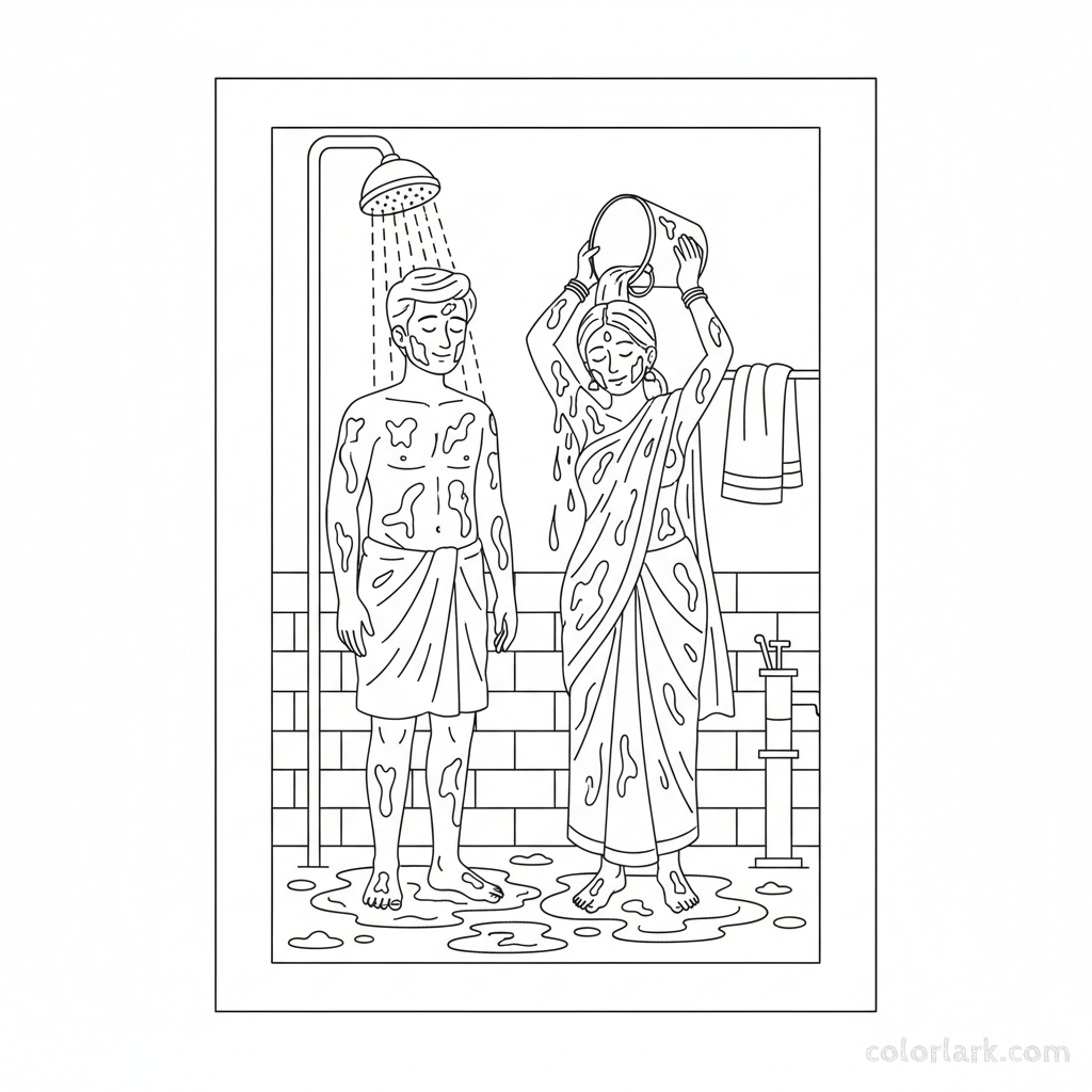 People washing colors off after Holi play coloring page