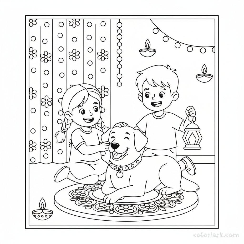 Two happy children playing gently with their pet dog during Diwali festivities at home, showing family fun, black-and-white line art