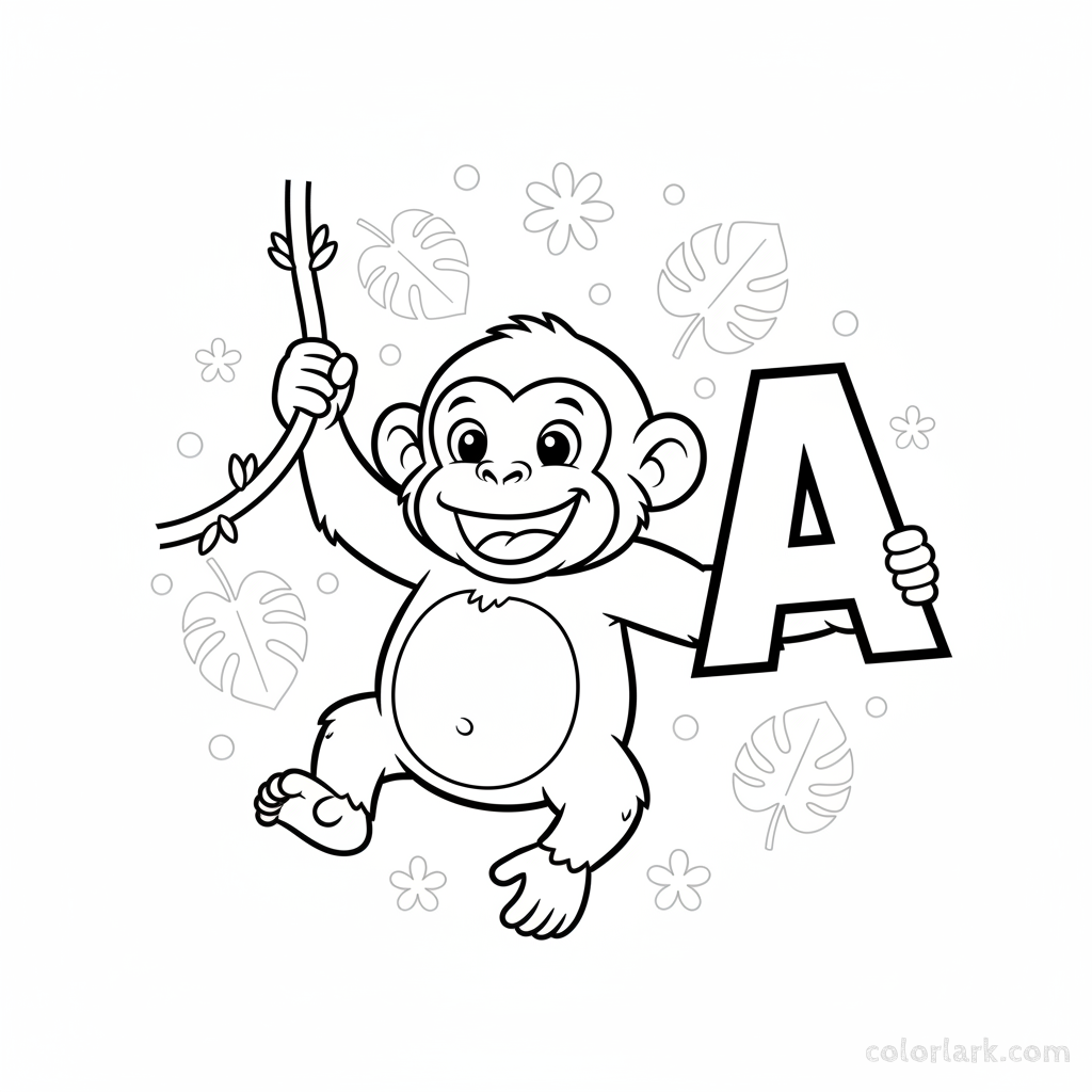 Black and white line art of a playful ape swinging and holding the letter A.