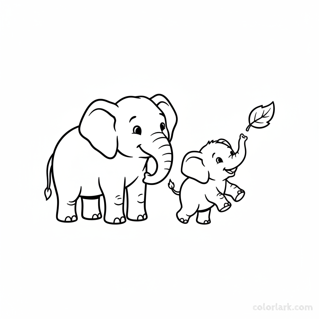 Playful baby elephant chasing leaf, mother watching coloring page