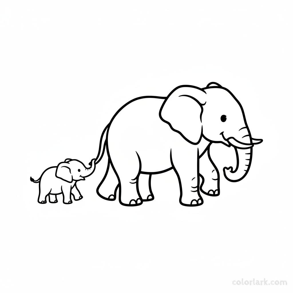 Playful baby elephant holding mother's tail, free coloring page.