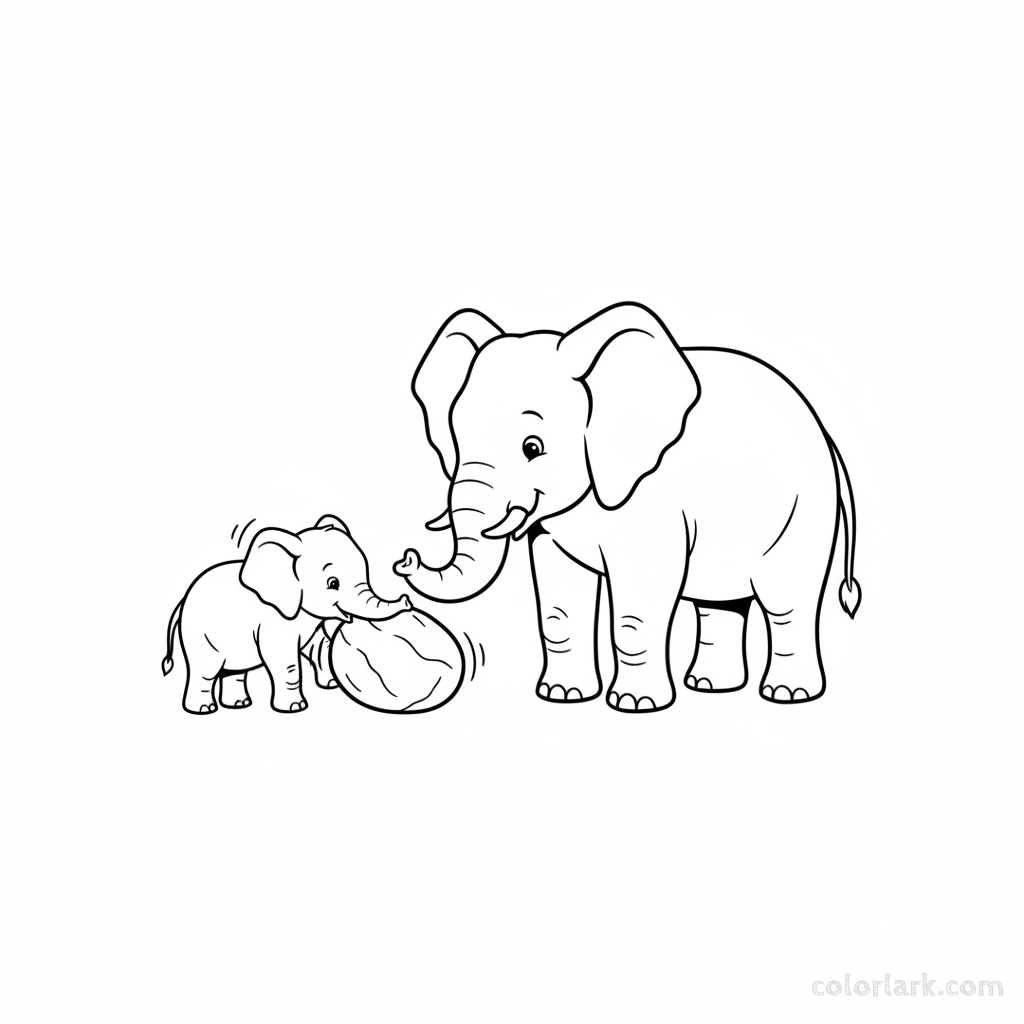 Baby elephant nudging rolling stone, mother watching - coloring page