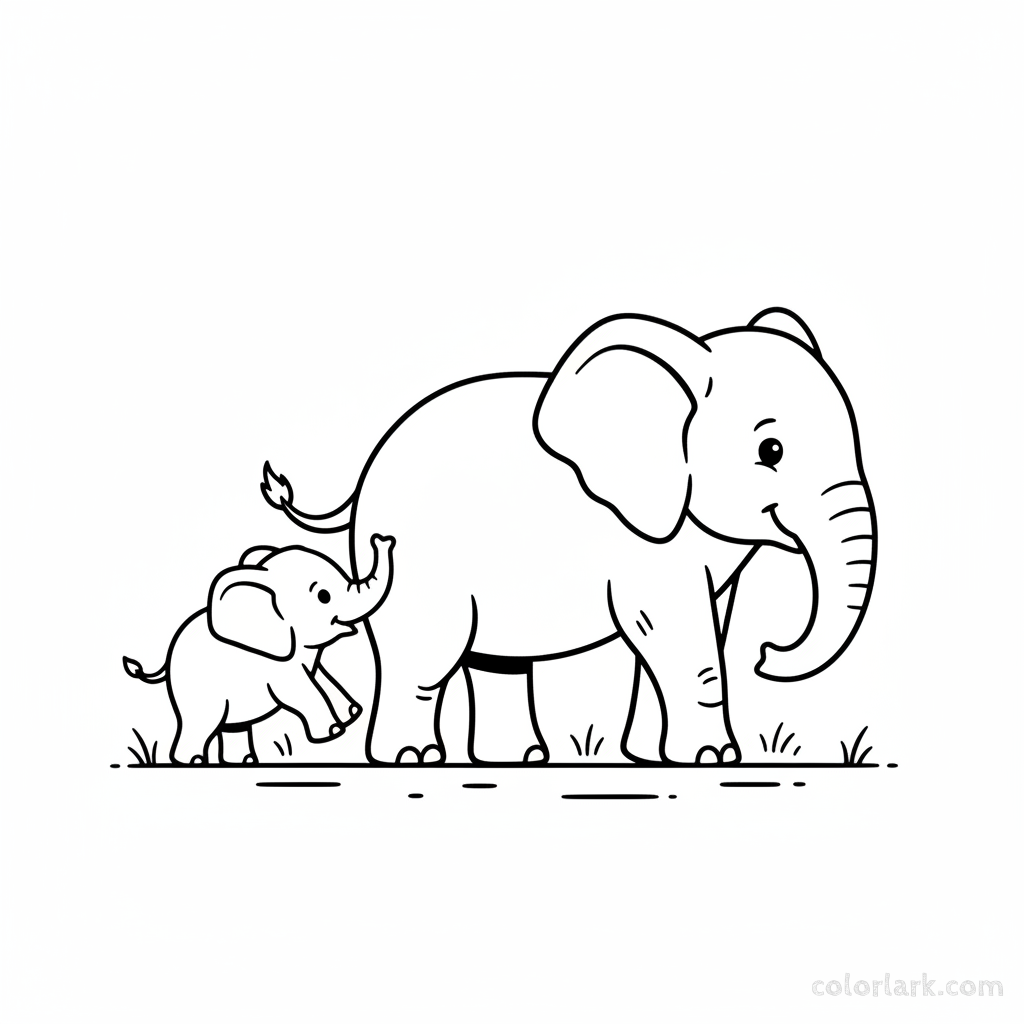 Coloring page of a baby elephant playfully pushing its mother.