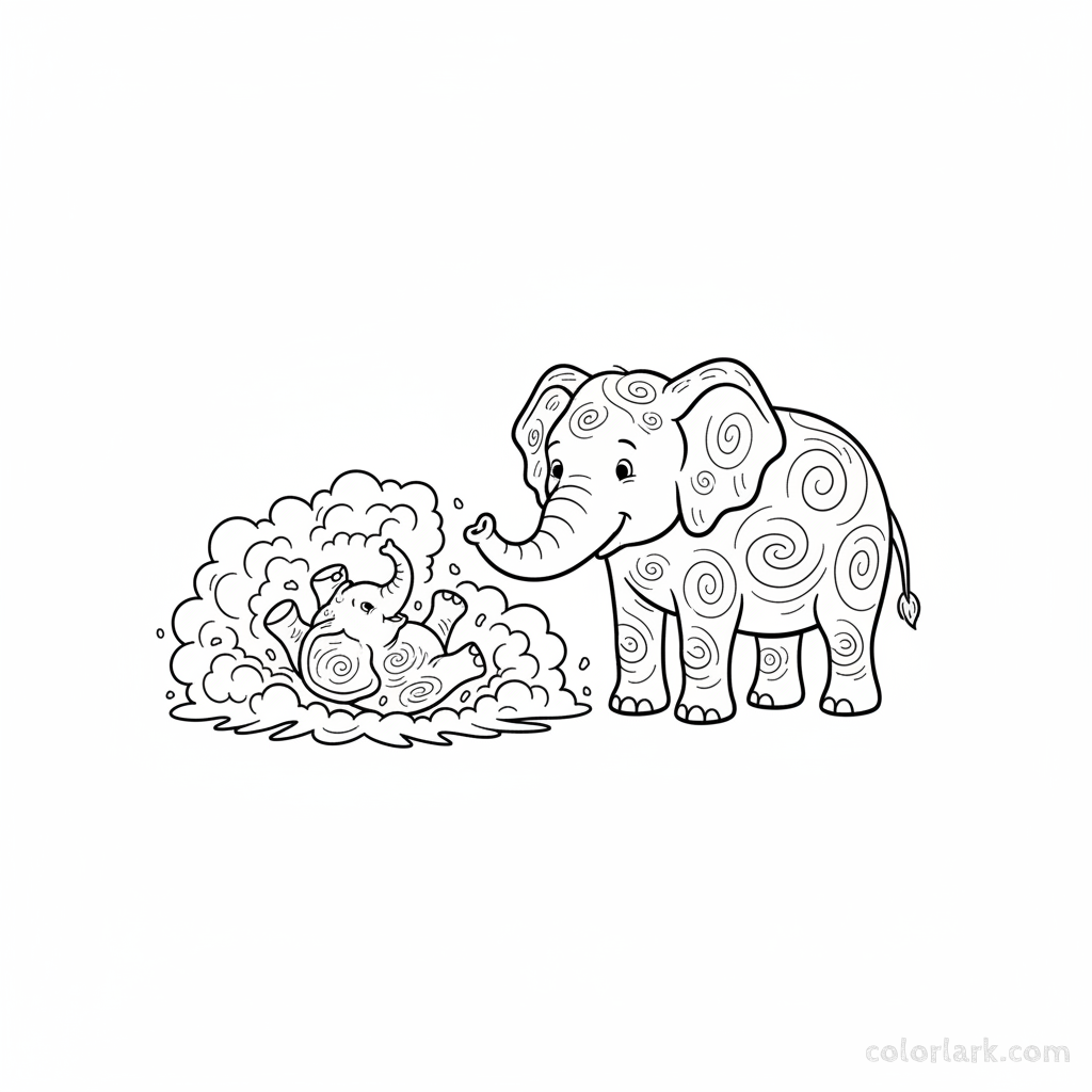 Free printable coloring page of a baby elephant playfully rolling in dust next to its mom.