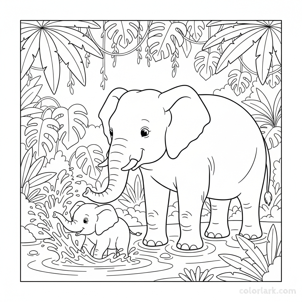 Baby elephant splashing in river with mom coloring page