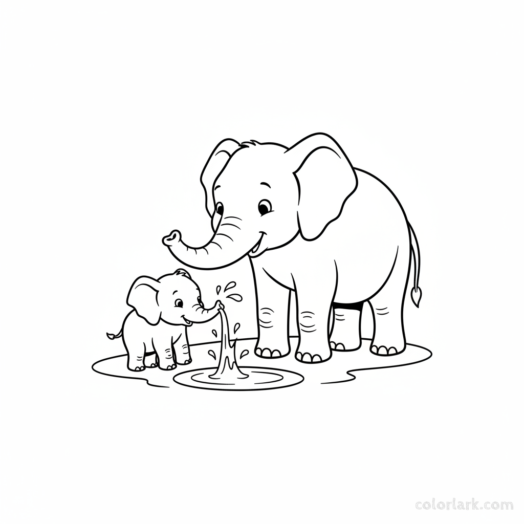Playful baby elephant coloring page spraying water from trunk